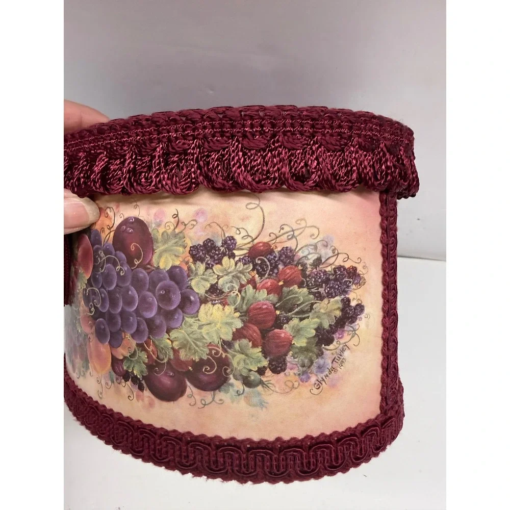 Vintage Glynda Turley 1993 Fruit Motif Decorative Hat Box Burgundy Tassel Oval
